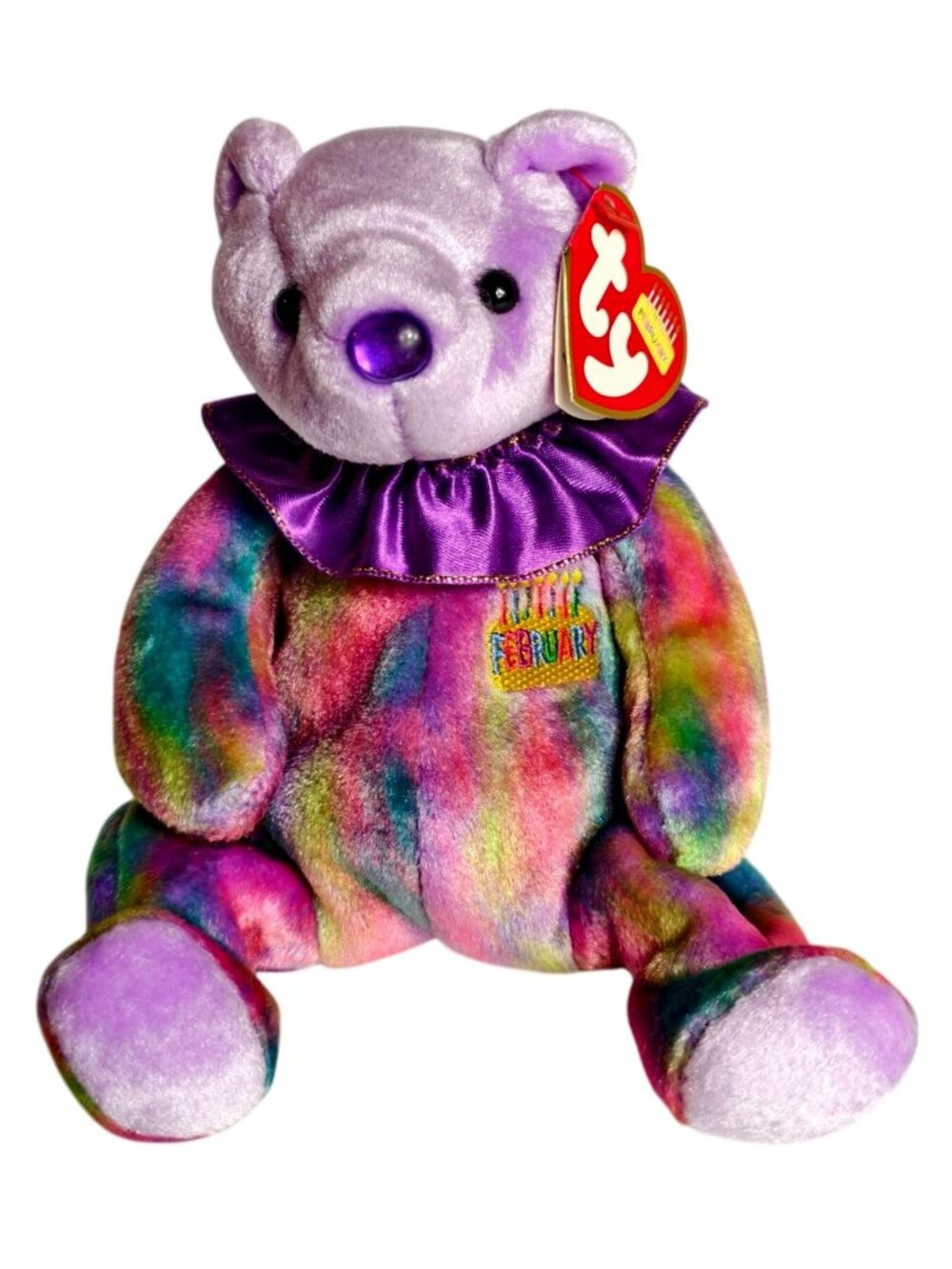 Ty Beanie February Birthday Bear 7.5" Plush Amethyst Nose Tie-Dye 2001 NEW